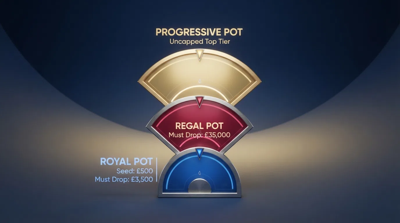 A cutaway diagram of the three Jackpot King prize tiers — Royal Pot, Regal Pot, and the uncapped Jackpot King — with ascending prize labels and the must-drop-by thresholds marked beside each pot