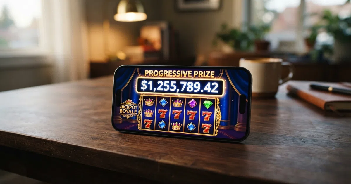 A UK mobile phone screen displaying a progressive jackpot slot game with the jackpot prize total prominently visible above the reels