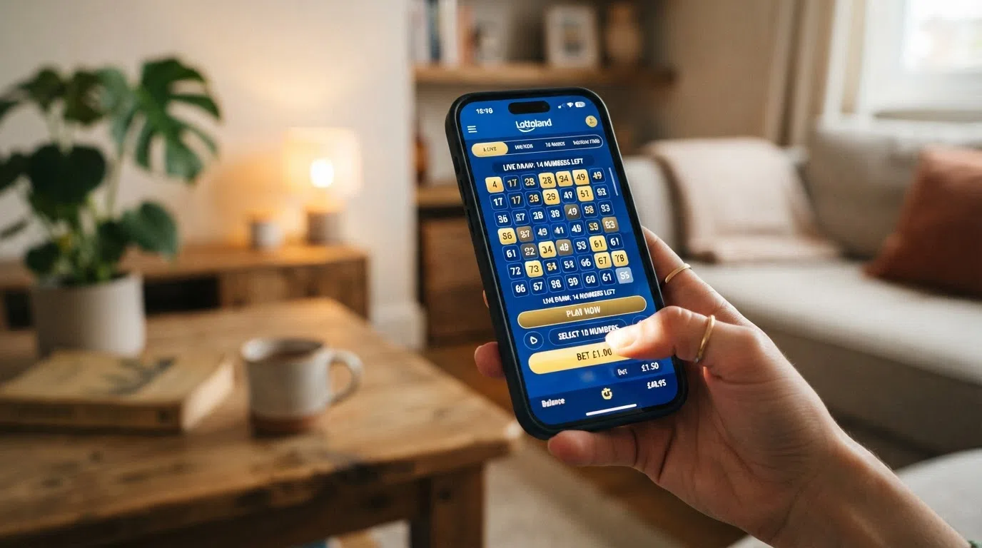 A smartphone displaying a keno game in a UK casino app, with the number grid and bet controls visible on screen