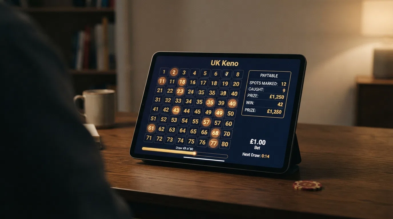 An 80-number keno grid with a selection of marked spots and a paytable displayed alongside, showing how different match counts pay out