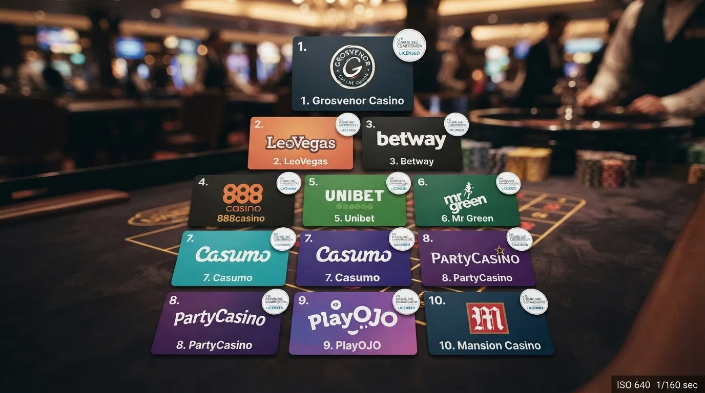 A grid of ten UK casino logos arranged in ranked order, with a UKGC licence badge beside each one