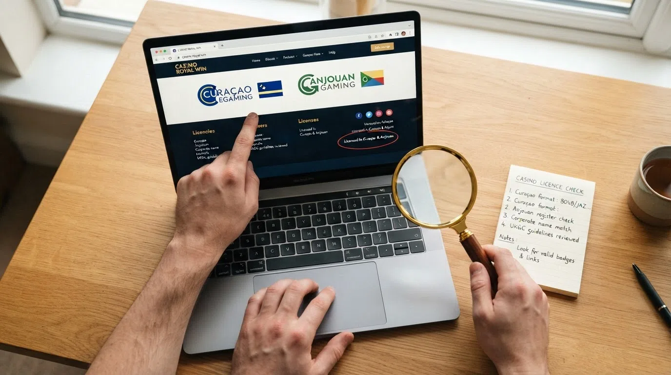 A desktop screen showing a casino website with a magnifying glass highlighting a licence badge, Curaçao and Anjouan flags visible in the browser-tab bar, a checklist overlay on the right side