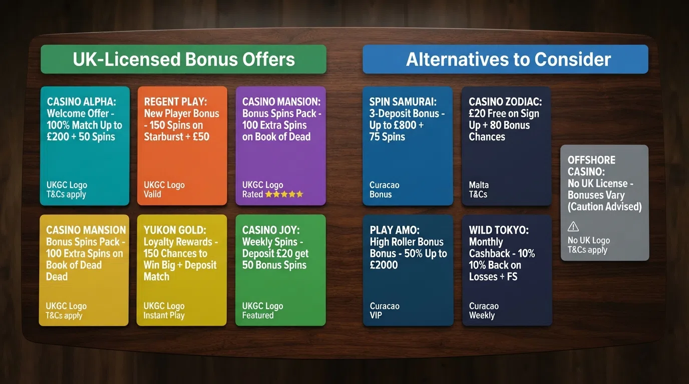 A side-by-side grid of casino logo cards arranged in two groups — five under a green “UKGC-Licensed 300% Match” banner and five under a blue “Alternatives Worth Comparing” banner, with the Freshbet card set apart in grey