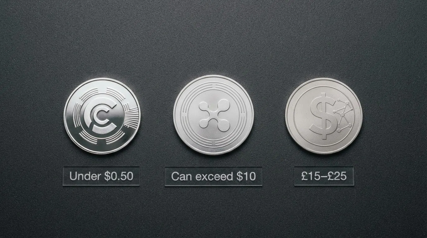 Three cryptocurrency coins — Litecoin, Bitcoin and Ethereum — arranged side by side with fee labels beneath each