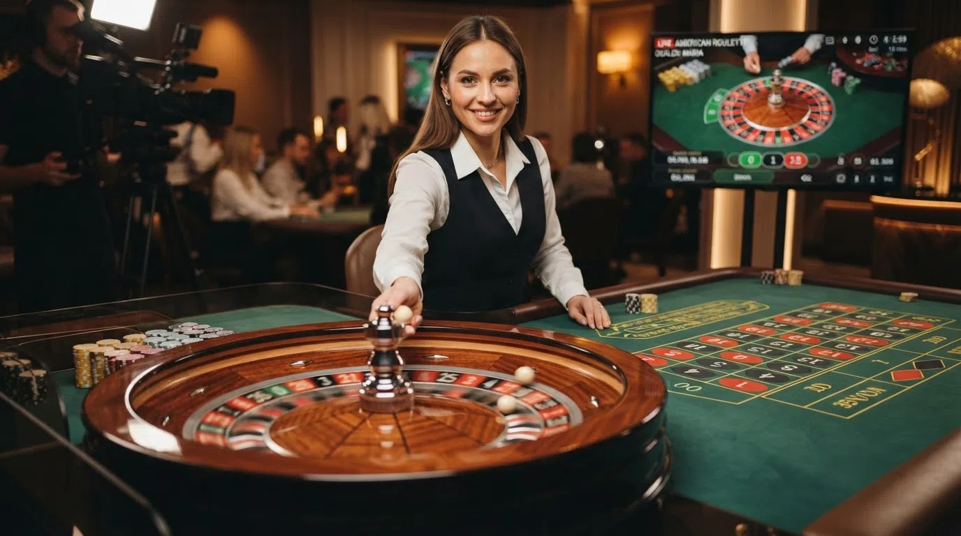 A live-dealer American roulette table streamed in HD from a casino studio, showing a croupier preparing to spin the wheel, with a digital betting overlay visible on screen