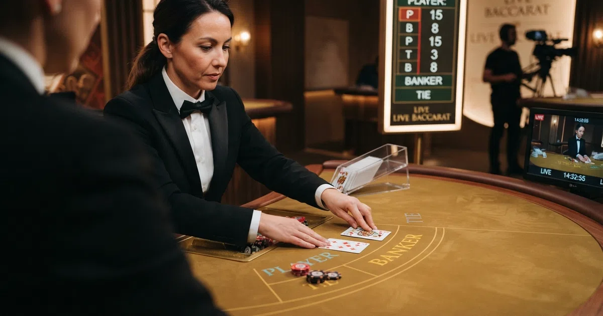 A live baccarat table streamed in high definition, showing a dealer in formal attire dealing cards onto a green felt layout with Player, Banker and Tie betting areas clearly visible, with the scoreboard displaying recent results in the background