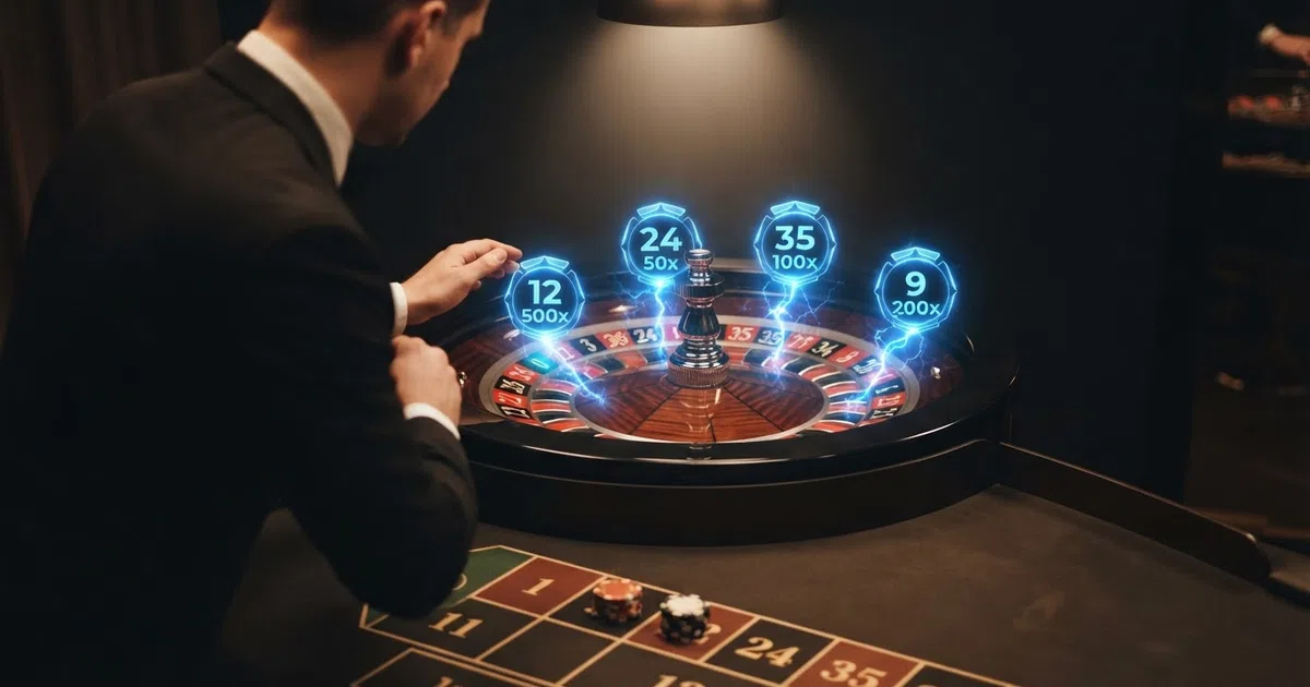 A live roulette wheel in a studio with lightning striking several numbers as 50x to 500x multiplier badges glow above them