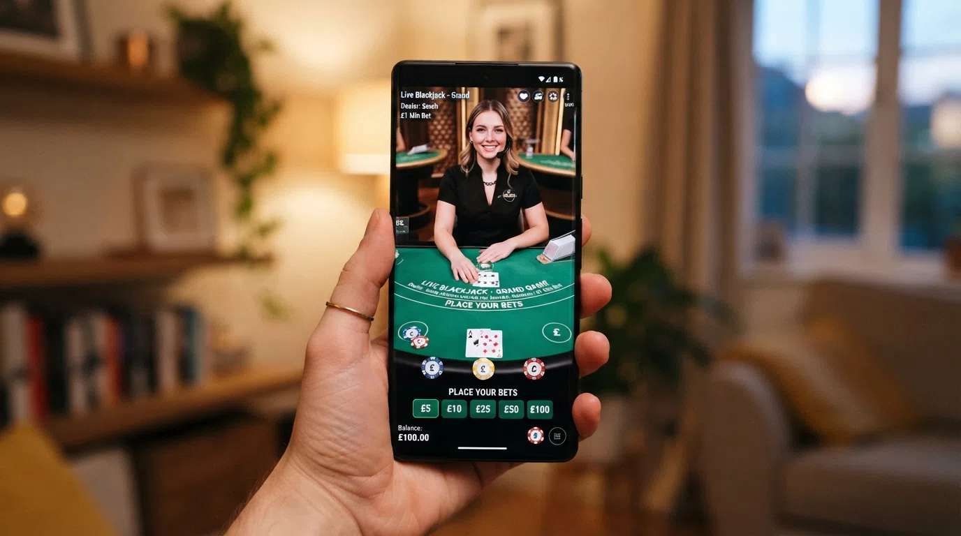 A live blackjack table streamed to a smartphone in portrait orientation, with the dealer visible and the betting interface overlaid