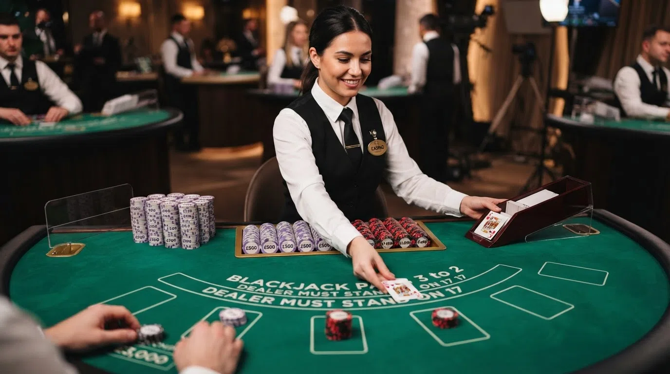A live-dealer blackjack table streamed in high definition with a dealer holding a card shoe and multiple betting boxes showing large-denomination chips