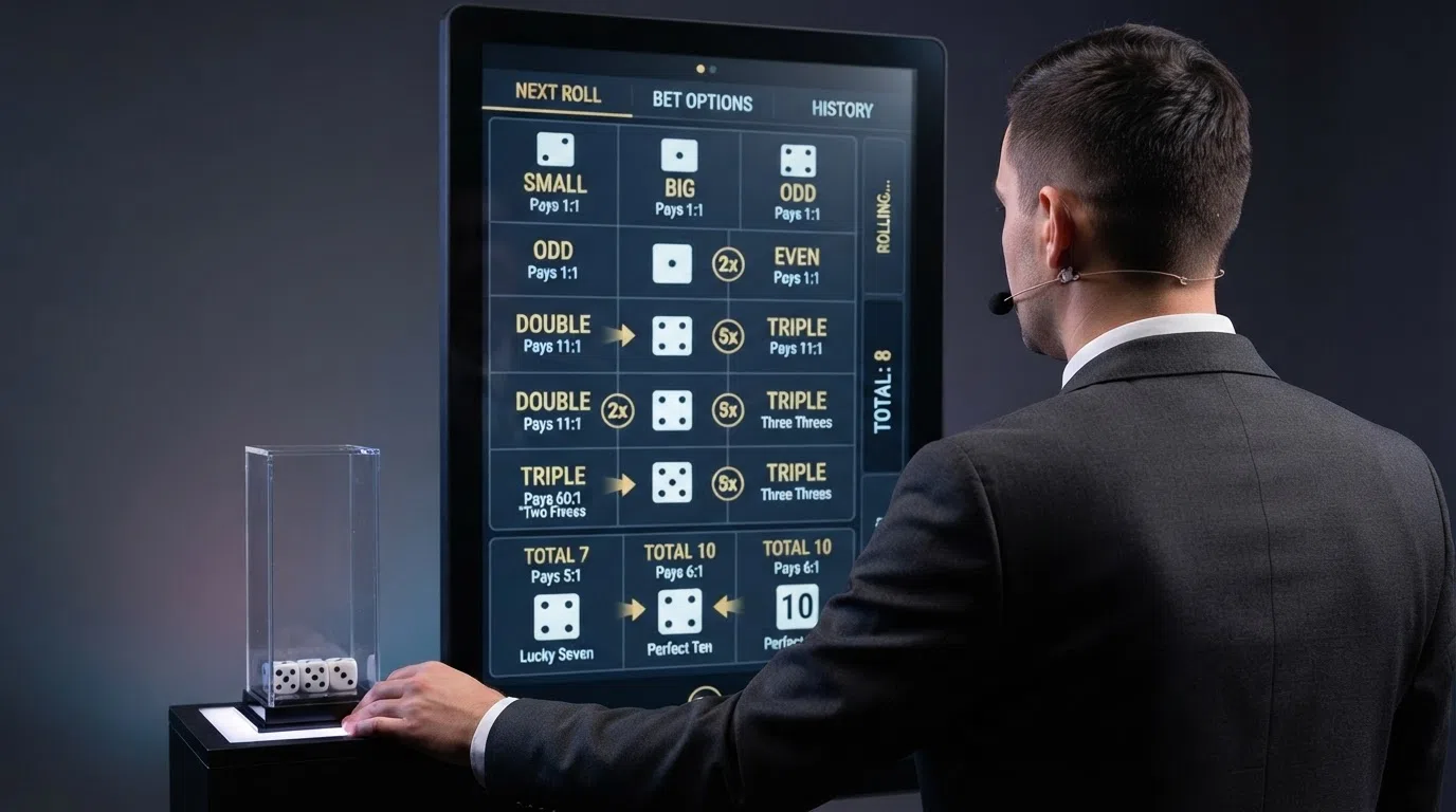A live dealer hosting a dice game from a professional casino studio, with a digital betting interface overlaid showing multiplier values and bet options on screen