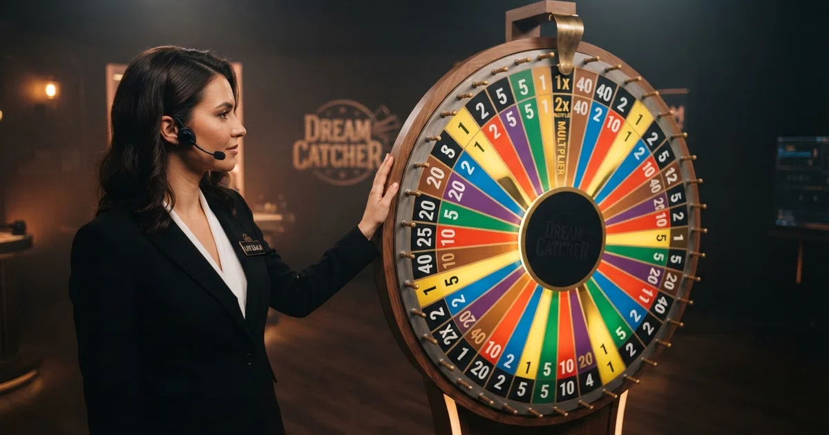 A live dealer stands beside a large vertical Dream Catcher money wheel with 54 coloured and numbered segments, set in a television-style studio with warm lighting