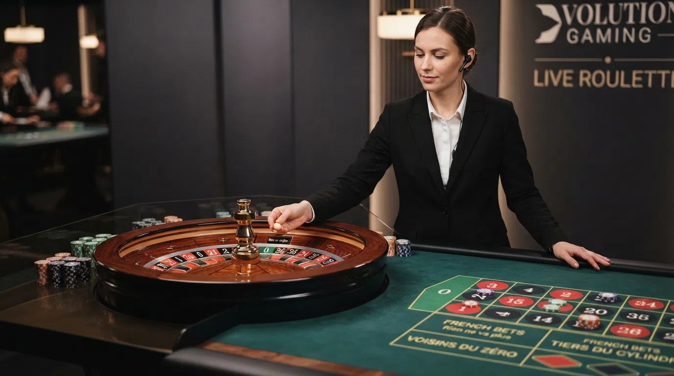 A live dealer French roulette studio with a croupier standing at a single-zero wheel under professional studio lighting and multiple camera angles