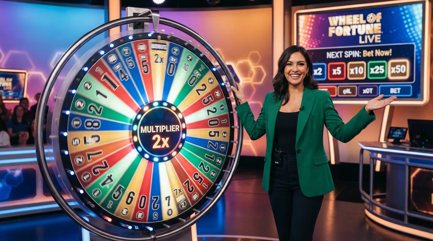 A colourful segmented money wheel from a live casino game show, with a presenter standing beside it and a digital betting grid overlaid on the lower half of the screen showing the available bet options and multipliers