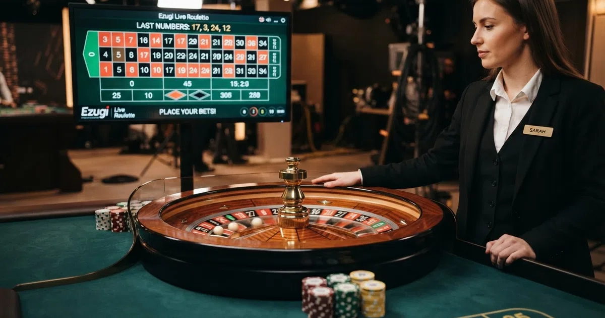 A live roulette table in a professional casino studio, with a close-up of the wheel mid-spin, the betting grid illuminated on screen, and an English-speaking croupier in frame