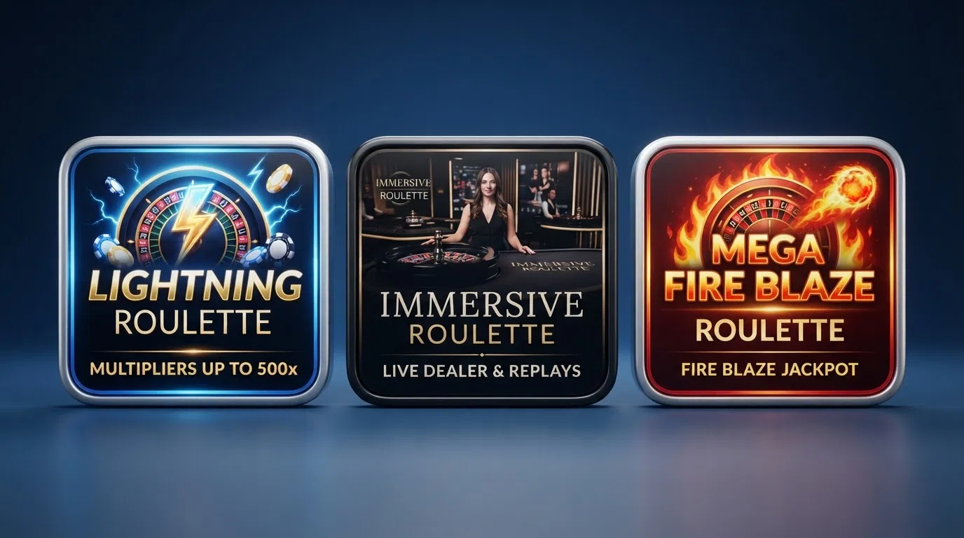 Side-by-side game-lobby screens showing Lightning Roulette, Immersive Roulette and Mega Fire Blaze Roulette tiles with their distinctive visual treatments