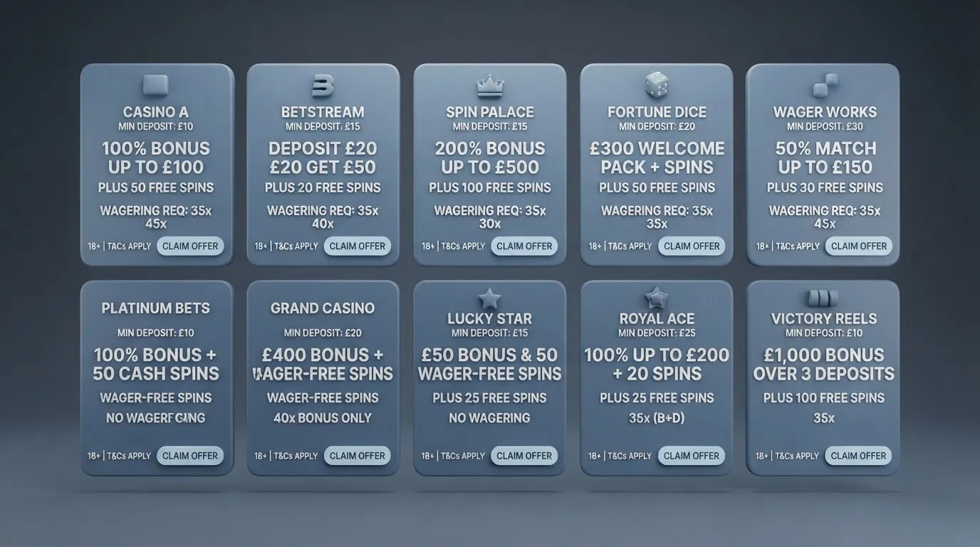 A side-by-side grid of casino welcome-offer cards showing different bonus amounts, free-spin counts and wagering figures
