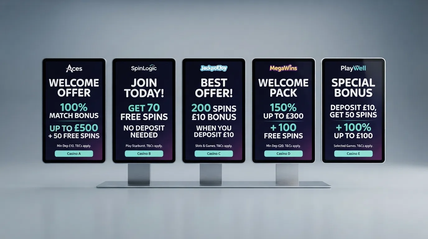A side-by-side view of casino lobby screens showing different welcome offers, free-spin counts and minimum deposit amounts
