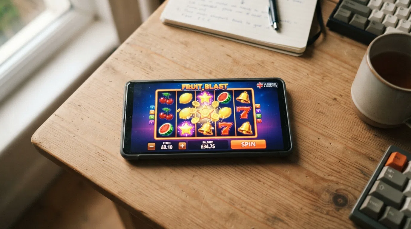 A smartphone screen displaying a colourful online slot game with the stake indicator showing £0.10