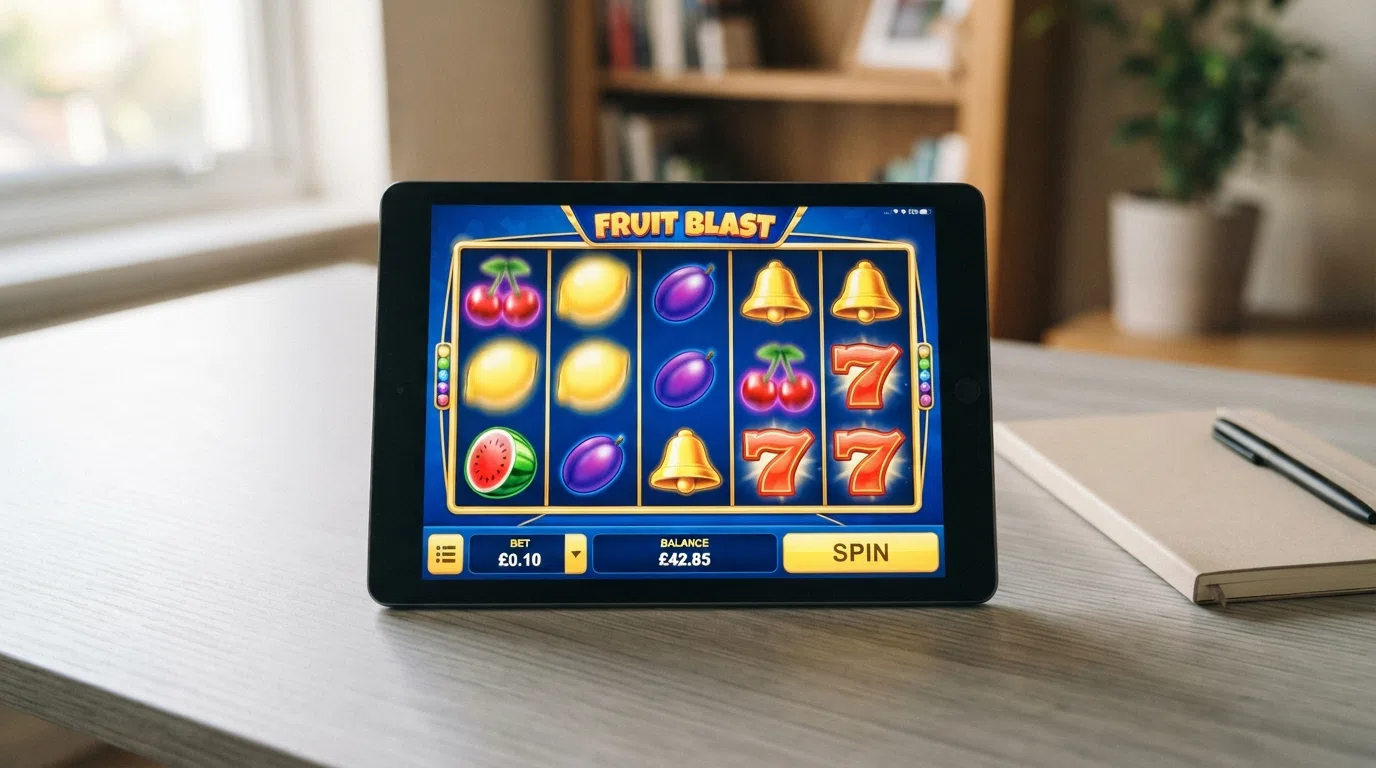 A colourful online slot game reels screen with the bet panel showing a small stake of £0.10 per spin and the game title visible