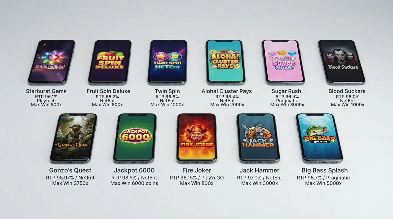 Side-by-side grid of the featured low-volatility slot titles with their RTP percentages, providers and max-win figures displayed beneath each game icon