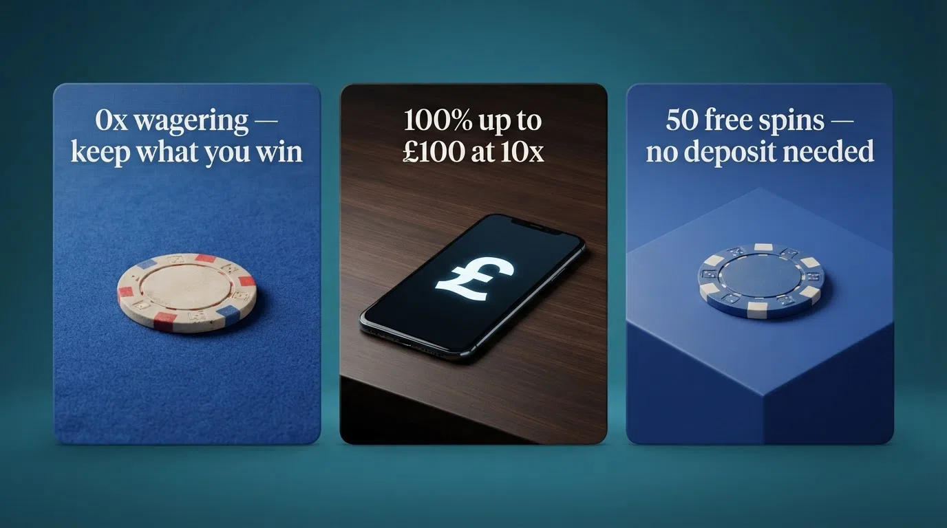 Three side-by-side offer cards: a free-spins card showing “0x wagering — keep what you win,” a deposit-match card showing “100% up to £100 at 10x,” and a no-deposit card showing “50 free spins — no deposit needed.”