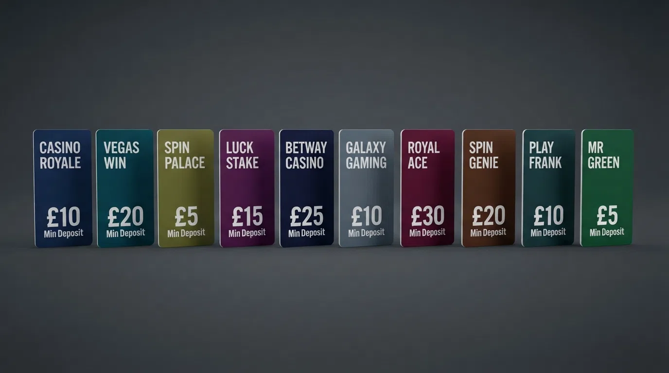 A side-by-side visual comparison of casino brand cards showing minimum deposit figures, welcome offer highlights and UKGC licence numbers