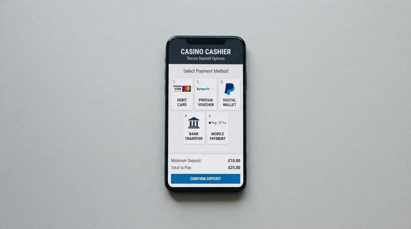 A smartphone screen showing a casino cashier page with multiple payment method icons including Visa Debit, PayPal and Open Banking