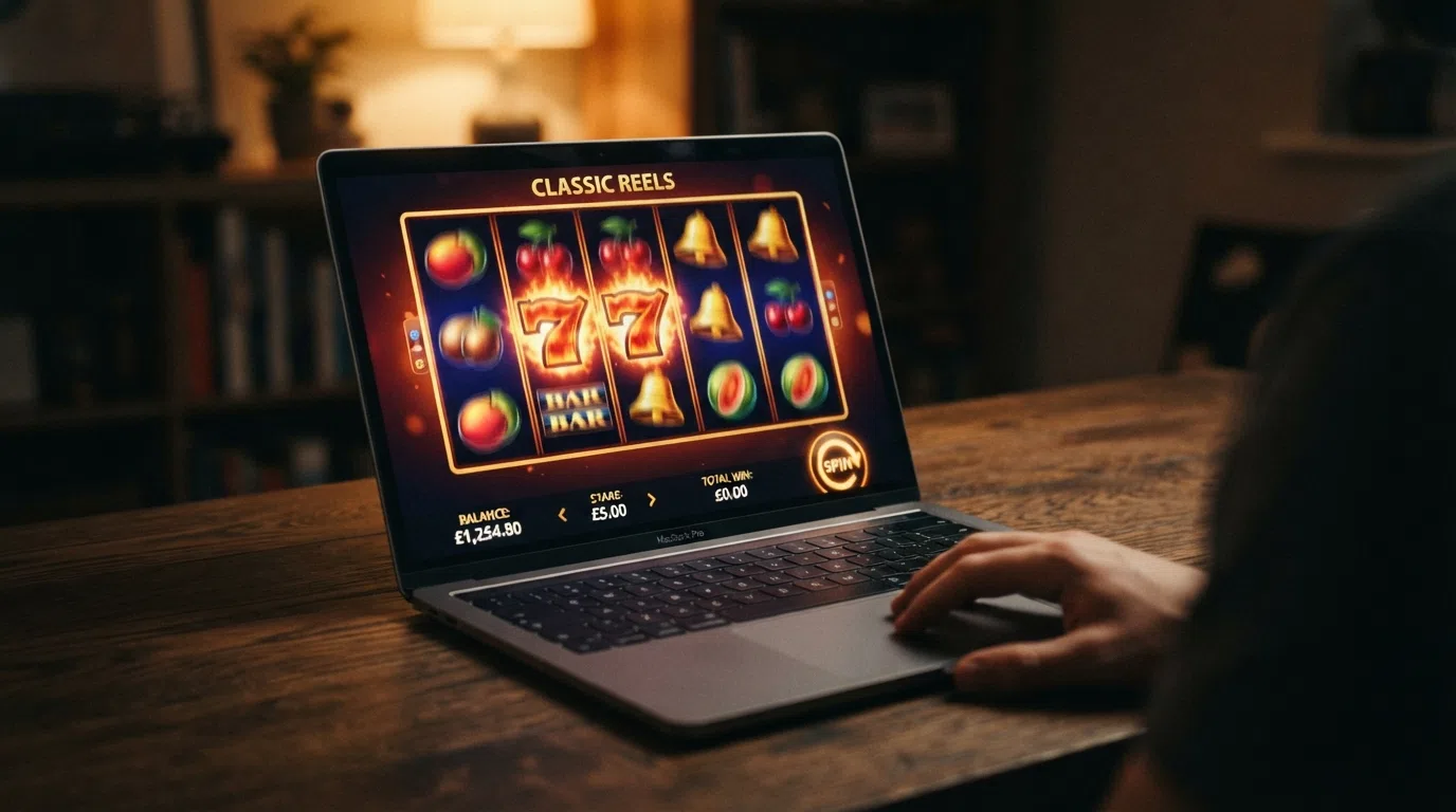 An online slot game reel on a laptop screen with a UK casino interface showing the stake selector at £5