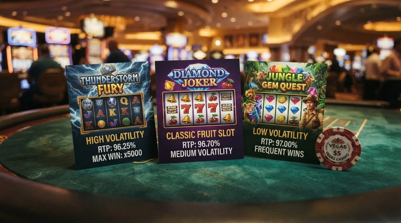 A grid of slot-title cards — Big Bass Bonanza, Starburst and Book of Dead — with their RTP percentages overlaid, against a casino lobby background