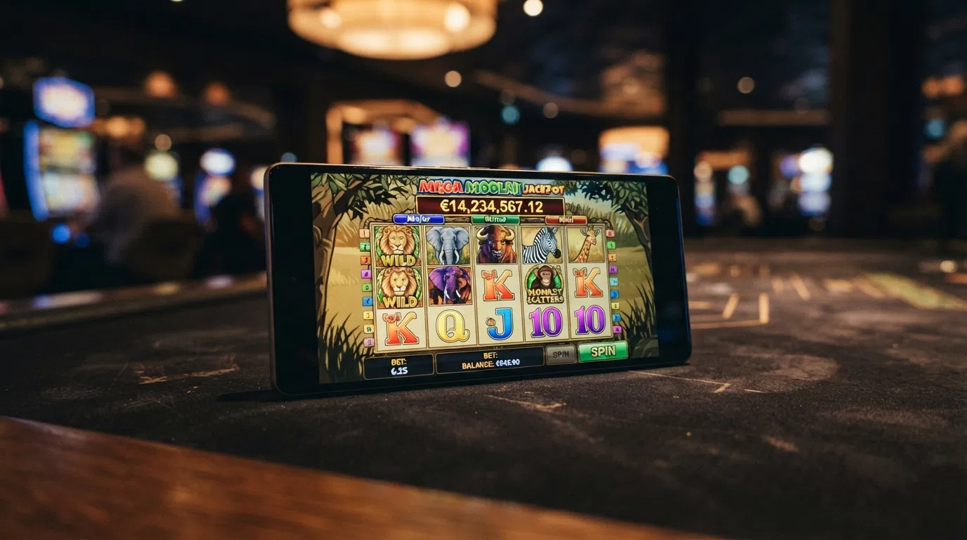 A smartphone showing the Mega Moolah slot's safari symbols beneath a large progressive total