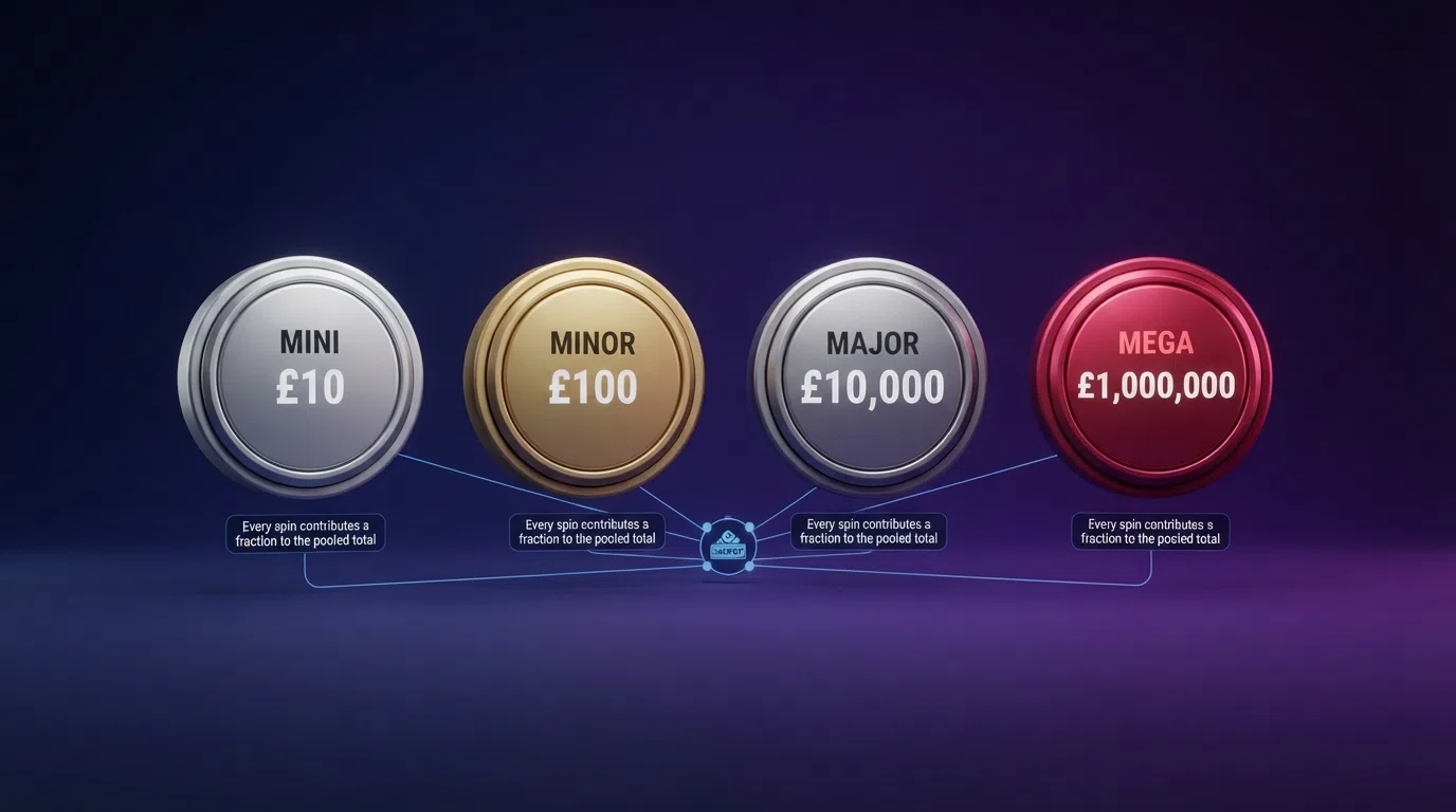 A visual breakdown of the four progressive jackpot tiers — Mini, Minor, Major and Mega — showing each tier's seed amount and how every spin contributes a fraction to the pooled total