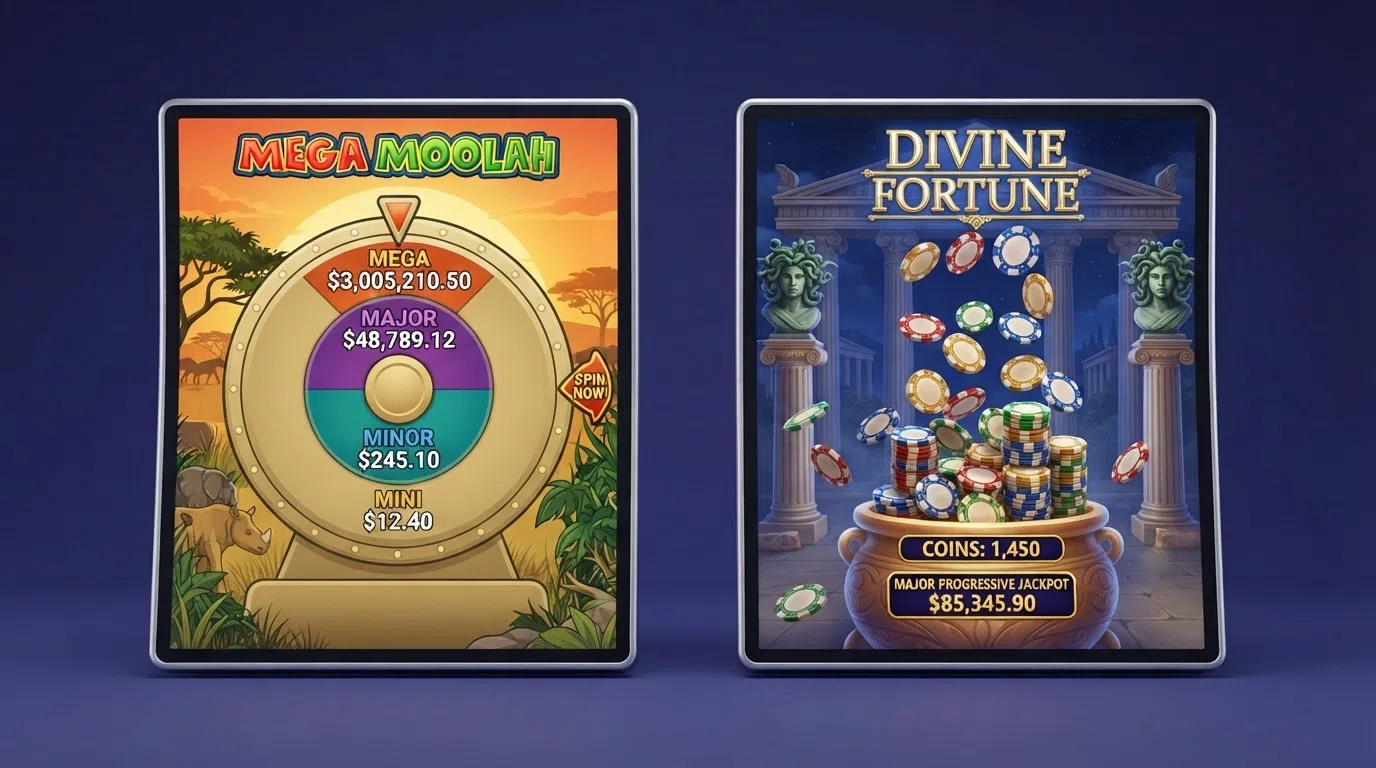 A side-by-side comparison view of two progressive slot title screens — Mega Moolah on the left with its four-tier jackpot wheel visible, and Divine Fortune on the right with its falling-coin progressive feature triggered.