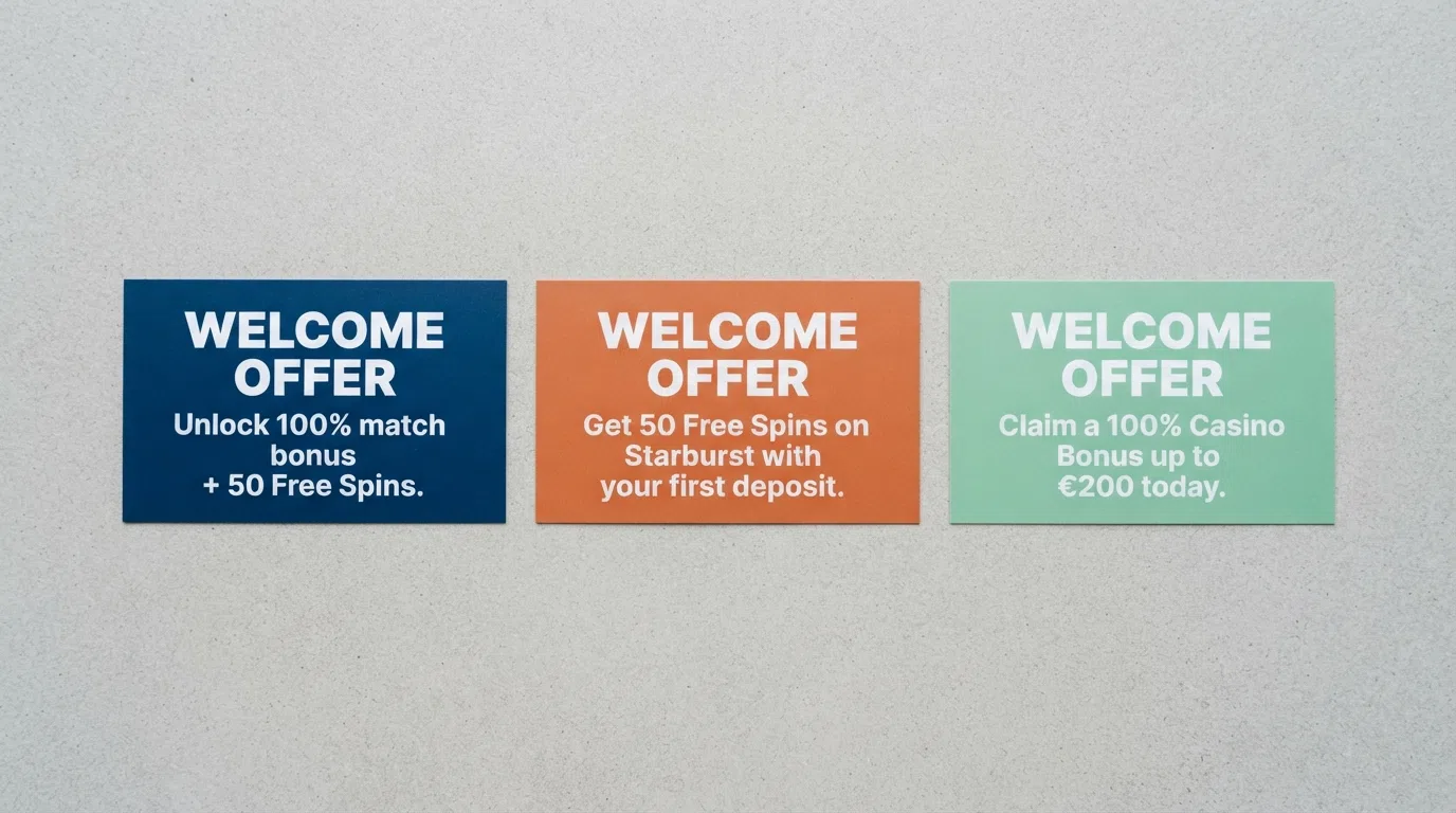 A side-by-side comparison board of casino welcome-offer cards with different terms