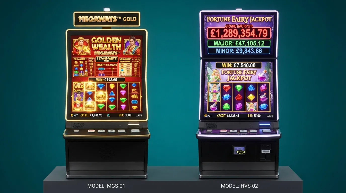 A split comparison showing a Megaways slot interface with cascading reels and multiple win ways on one side, and a progressive jackpot slot with a large ticking jackpot total on the other