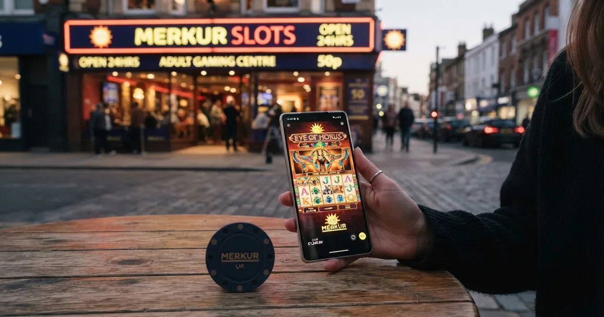 A UK high-street MERKUR adult gaming centre exterior beside a smartphone screen showing an Eye of Horus slot lobby at a UK-licensed online casino — the two faces of Merkur in Britain, physical and digital, side by side