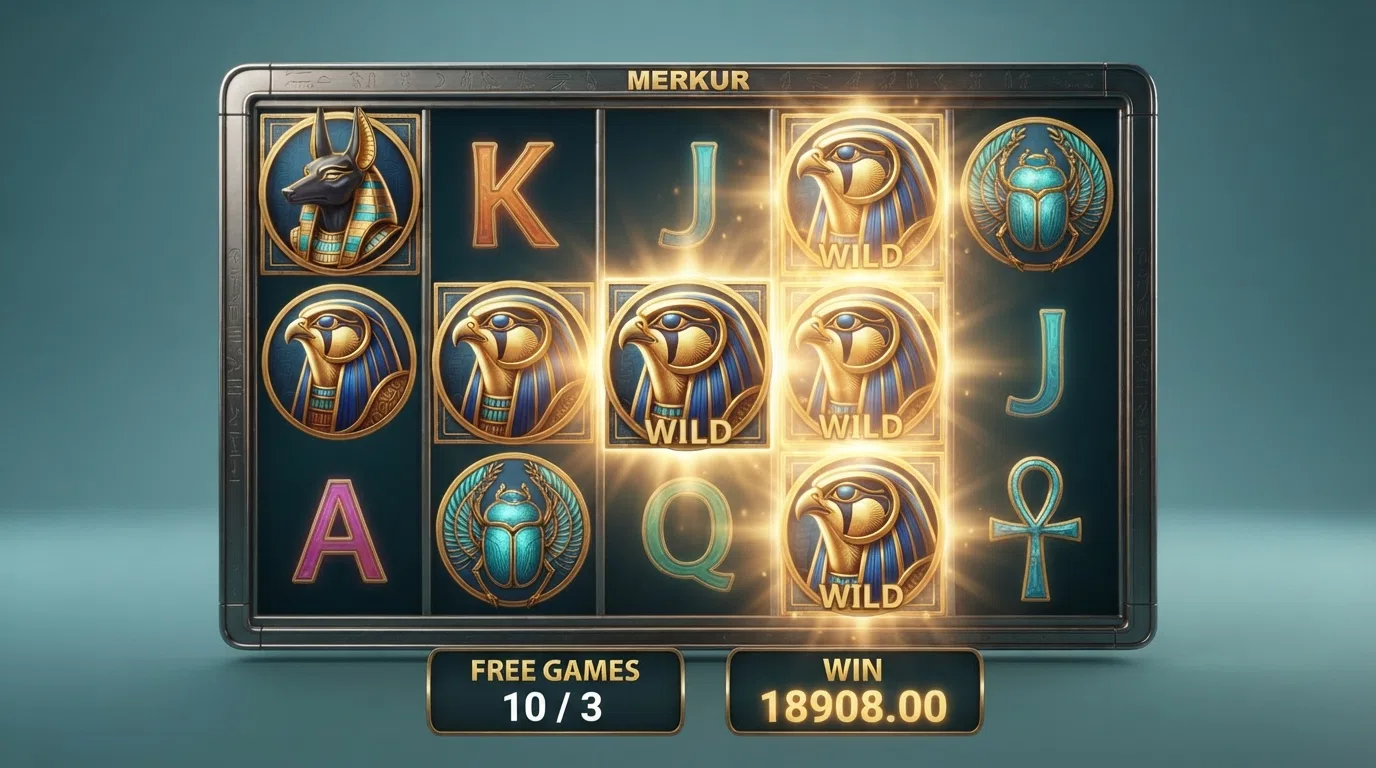 A gameplay screenshot of Eye of Horus showing the 5×3 reel grid, the Horus wild symbol and an active free-spins round with expanding symbols mid-animation
