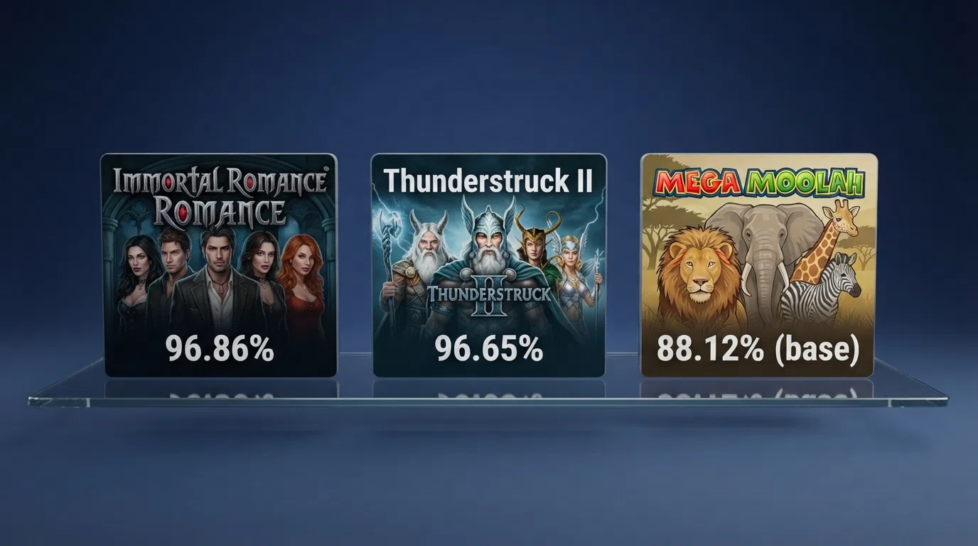 A side-by-side visual comparison of three Microgaming slot title cards — Immortal Romance, Thunderstruck II, and Mega Moolah — with their RTP percentages overlaid