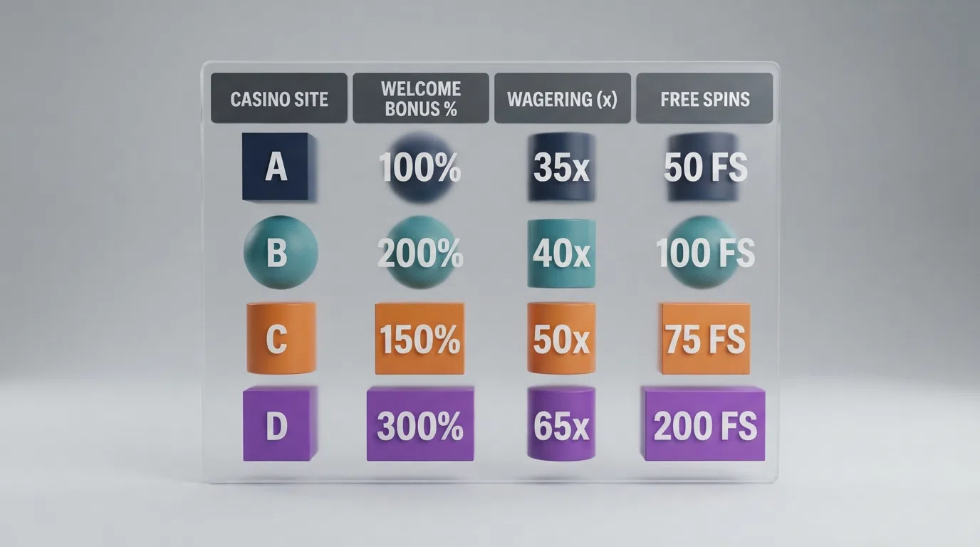 A simplified comparison graphic showing welcome-bonus percentages, wagering multiples and free-spin counts across several casino logos arranged in a grid