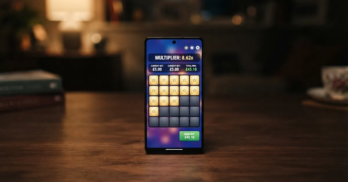 A 5×5 Mines casino game grid with several safe star tiles revealed, a growing multiplier displayed above the grid, and the cash-out button visible