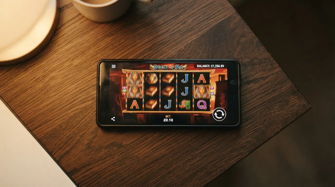 A slot game reel spinning at the minimum £0.10 stake level on a mobile screen, with the balance and bet amount visible