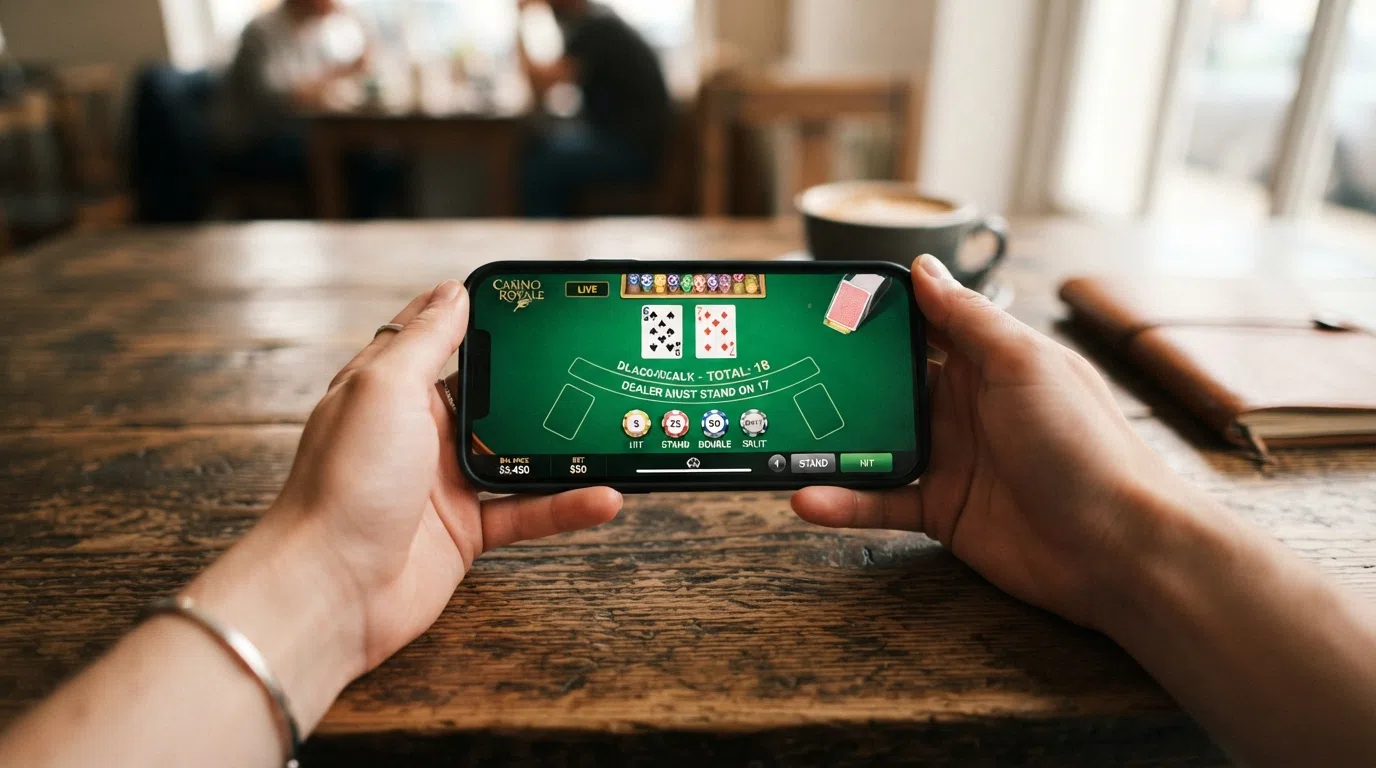 A smartphone held in landscape orientation displaying a live blackjack table with cards dealt on a green felt surface, touch-control buttons for hit, stand and double visible at the bottom edge of the screen