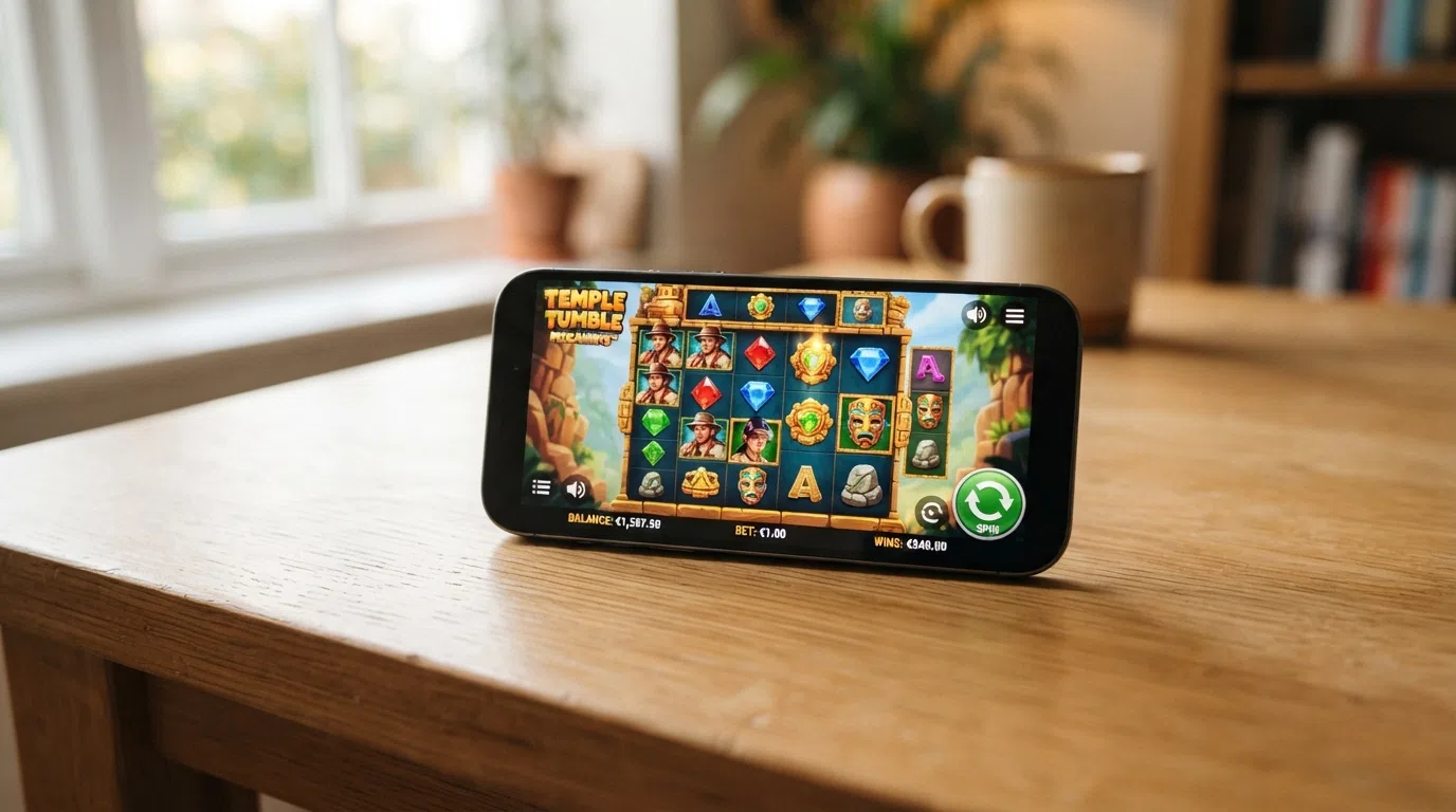 A smartphone in landscape orientation displaying a slot game interface with a touch-sized spin button and balance display, resting on a table in daylight