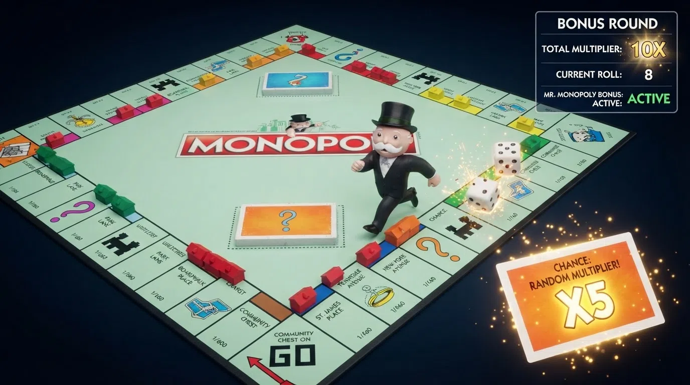 The 3D Monopoly board fills the screen during the bonus round, with Mr. Monopoly moving across the properties as virtual dice land and Chance cards reveal random multipliers