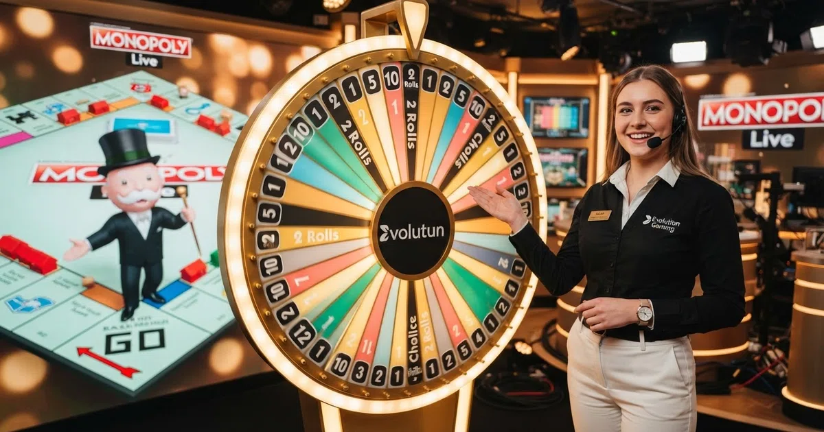 A live dealer stands beside a brightly lit Monopoly Live money wheel in an Evolution Gaming studio, with the 54 coloured bet segments and the chip-value display visible on the betting interface