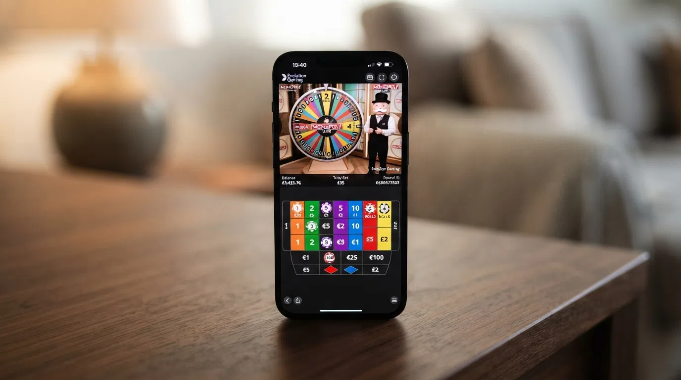 A smartphone in portrait orientation displays the Monopoly Live betting interface showing the live wheel stream, chip denominations and the bet-segment grid