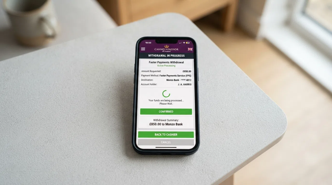 A smartphone screen showing a casino cashier page with a Faster Payments withdrawal in progress