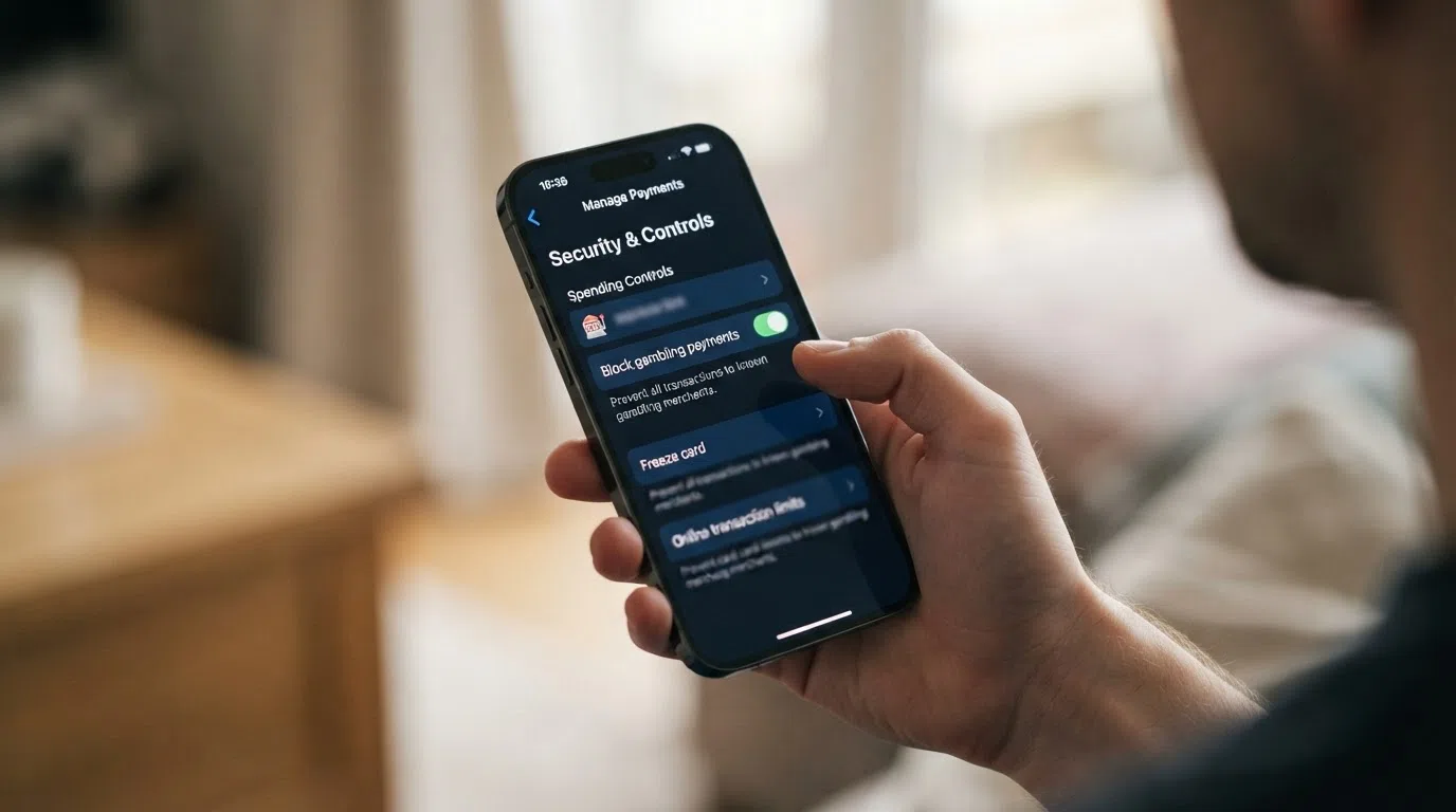 The Monzo app settings screen with the gambling block toggle highlighted