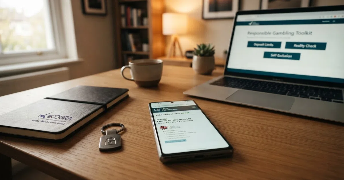 A UK Gambling Commission licence verification screen displayed on a desktop browser alongside an eCOGRA certification seal, a padlock icon, and a responsible-gambling toolkit menu, representing the layered trust checks available to UK players before they deposit.