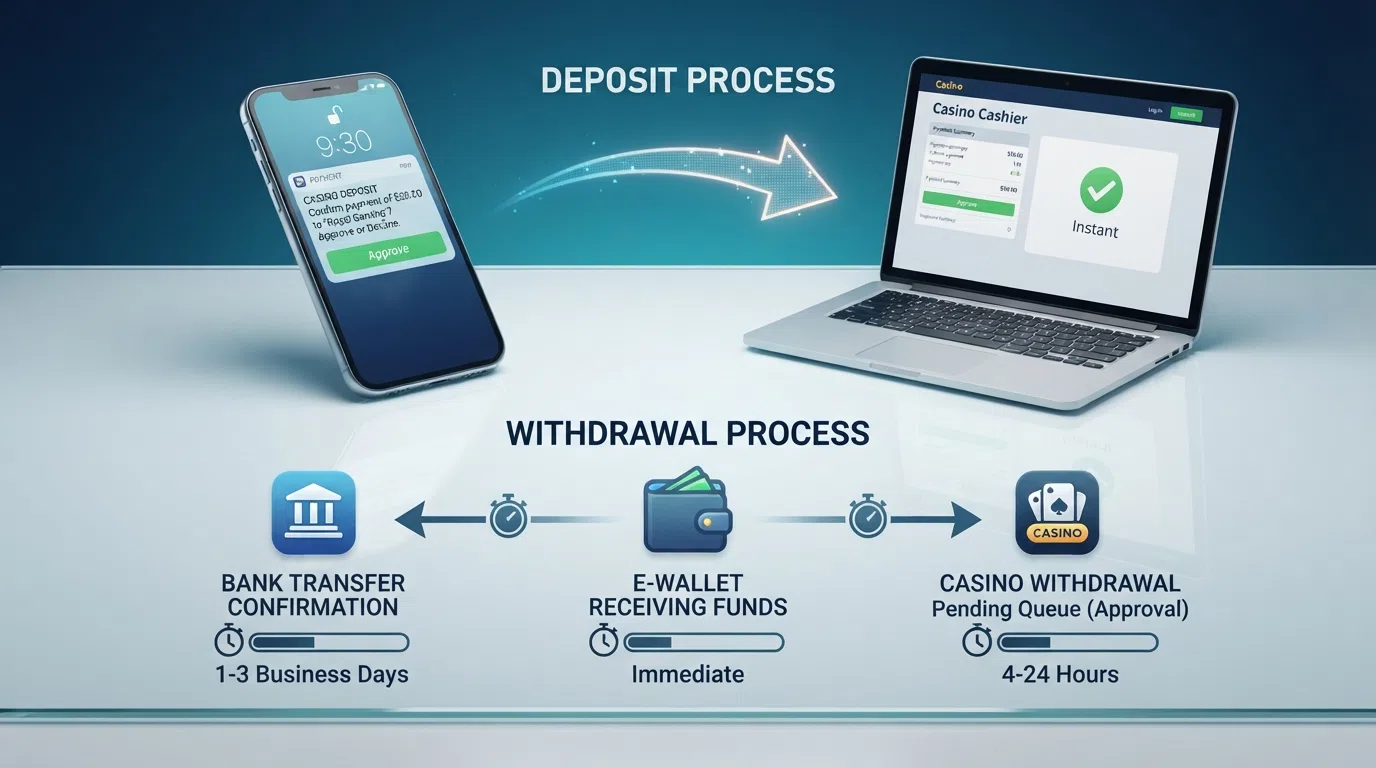 A split-screen infographic showing the MuchBetter deposit flow (phone with push notification → casino cashier confirmation) on the left and the withdrawal timeline (casino pending → MuchBetter wallet → bank) on the right, with time estimates under each step.