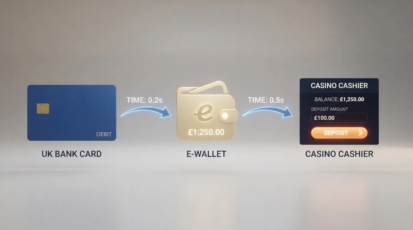 A simplified diagram showing the three-stage payment flow: UK bank account → Neteller wallet → casino cashier, with time labels at each stage.